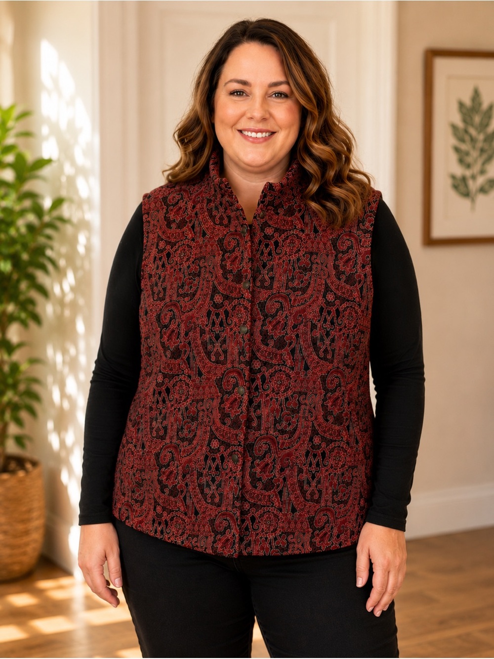 Coldwater Creek Red and Black Textured Cardigan-Style Jacket